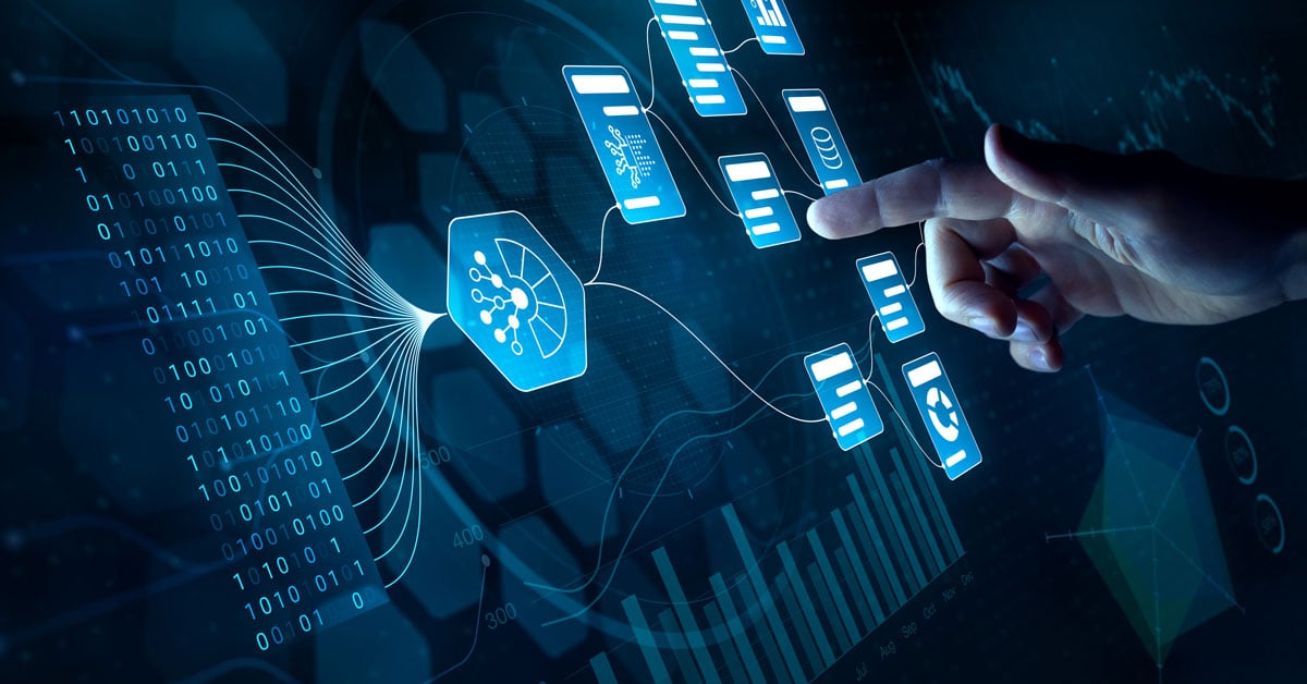 A closeup on a man's hand interacting with an integrated workflow screen