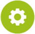 A gear icon in white on a lime green background.