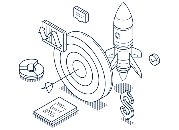 An illustration of a complex mission, with an arrow hitting a target, graphs, a dollar sign, a rocket, and a clock.