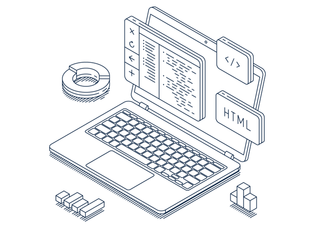 An illustration of an open laptop where the screen features lines of code and graph elements.