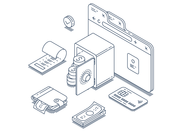 An illustration of fintech, with a credit card, a vault, a receipt, folders, and paper bills.