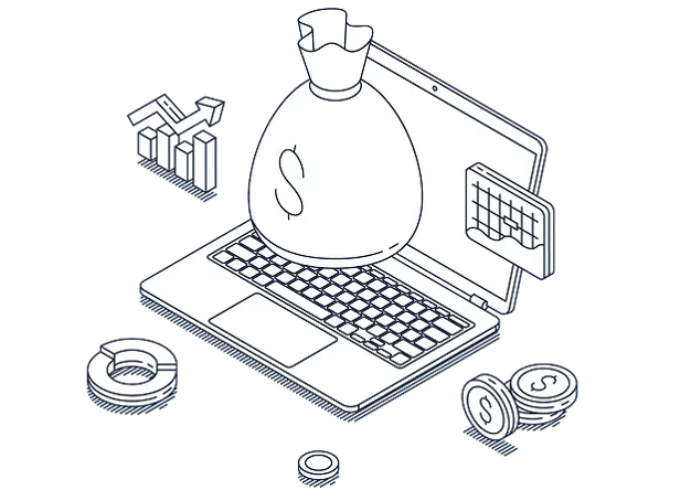 An illustration of a laptop surrounded by money, graphs, and growing ROI. 