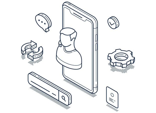 An illustration of a service employee, a chat feature, a search bar, and other tools.