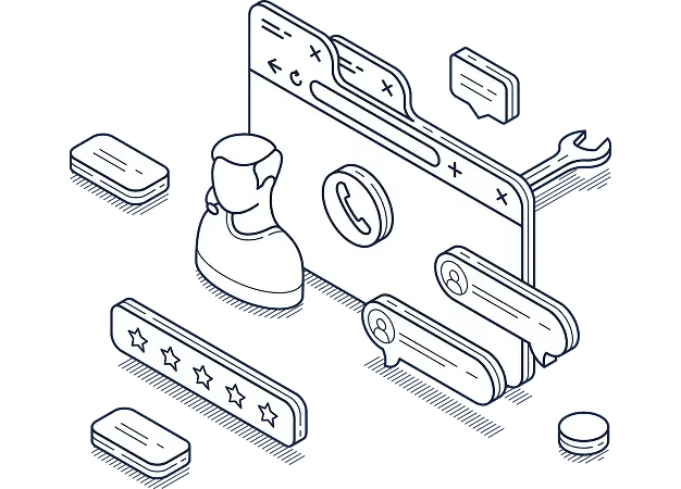 An illustration of a five-star experience with real-time collaboration and online support options.