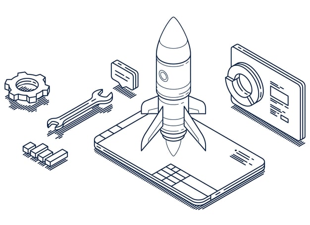 An illustration of a variety of tools and graphs, and a rocketship.