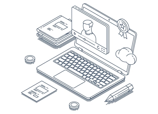 An illustration of the remote hiring process, where a candidate is viewed online and through cloud tools.
