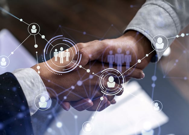 A digitized depiction of an engagement with a custom software engineering firm, superimposed over a handshake.