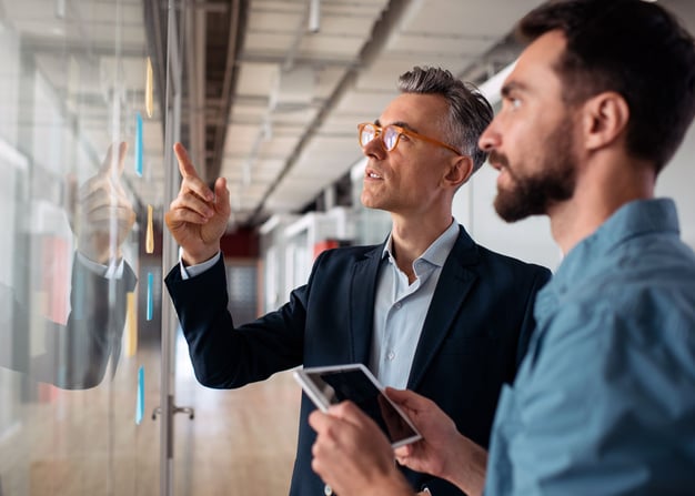 A software expert and a male business executive discuss a potential project on a white board.