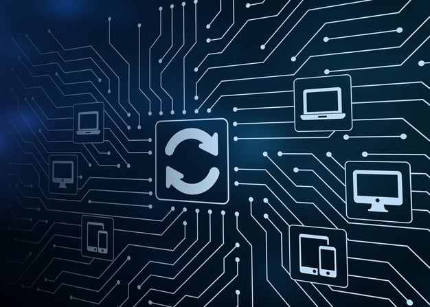 A digitized depiction of system integrations, where various tools are connected to a central hub.