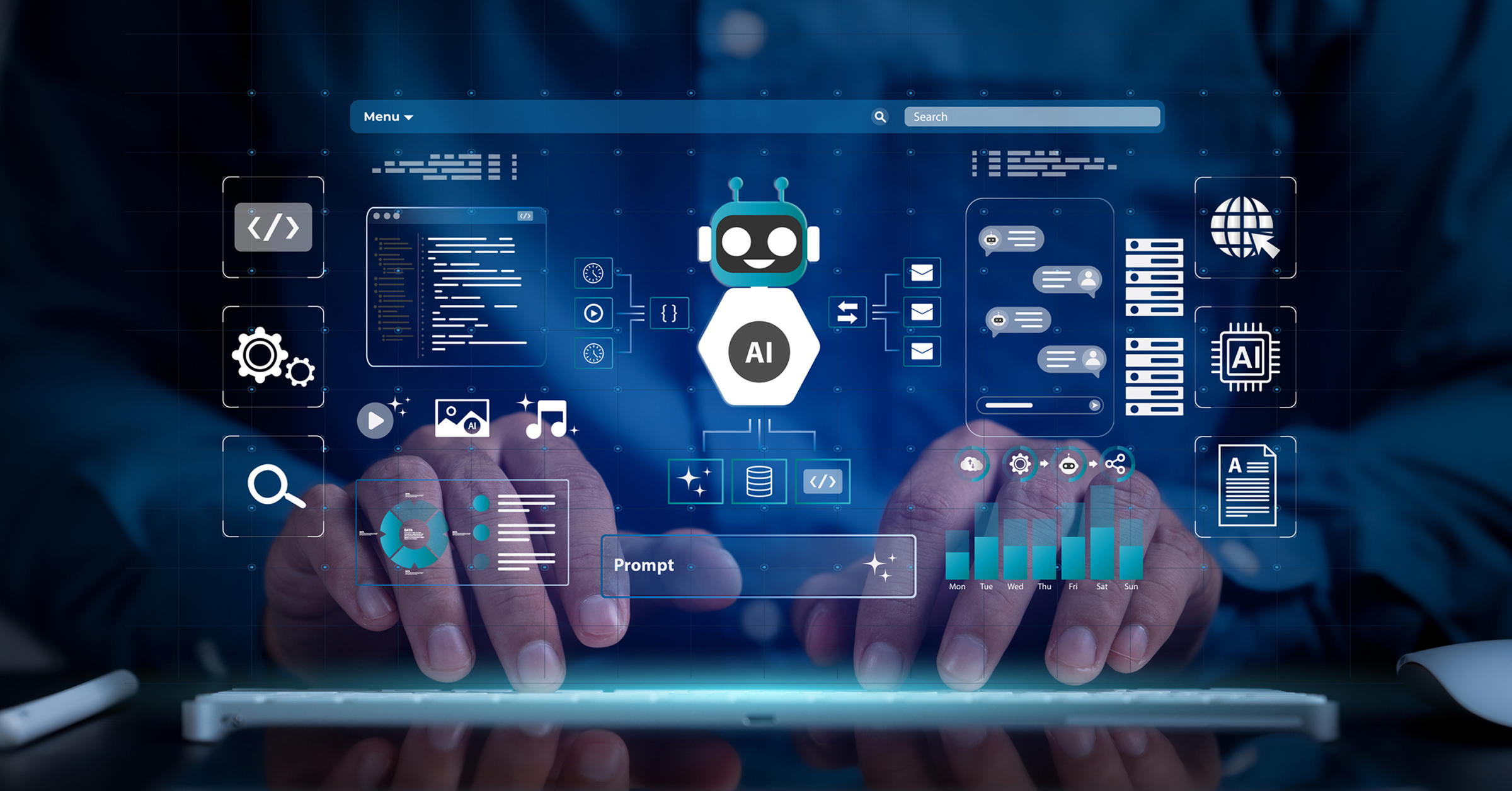 A digitized depiction of agentic AI in a company's environment, superimposed over the hands of a software engineer at a keyboard.